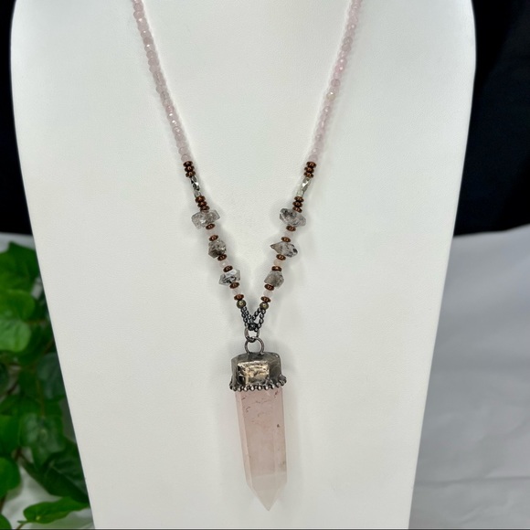 Herkimer Diamond & Rose Quartz Point Crystal Beaded Necklace - Picture 5 of 12